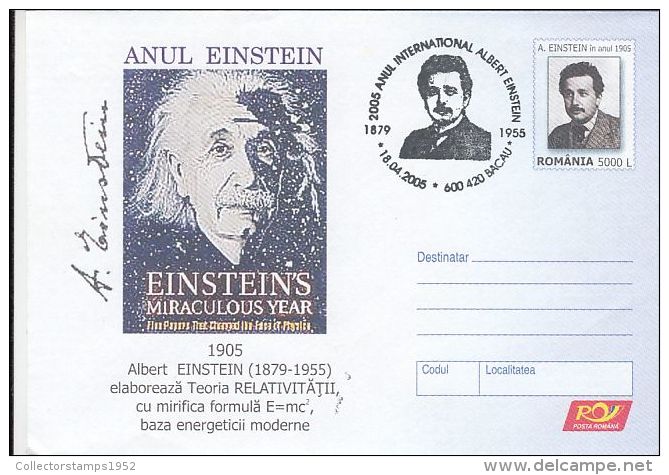 507- ALBERT EINSTEIN, SCIENTIST, COVER STATIONERY, ENTIER POSTAL, 2005, ROMANIA - Albert Einstein