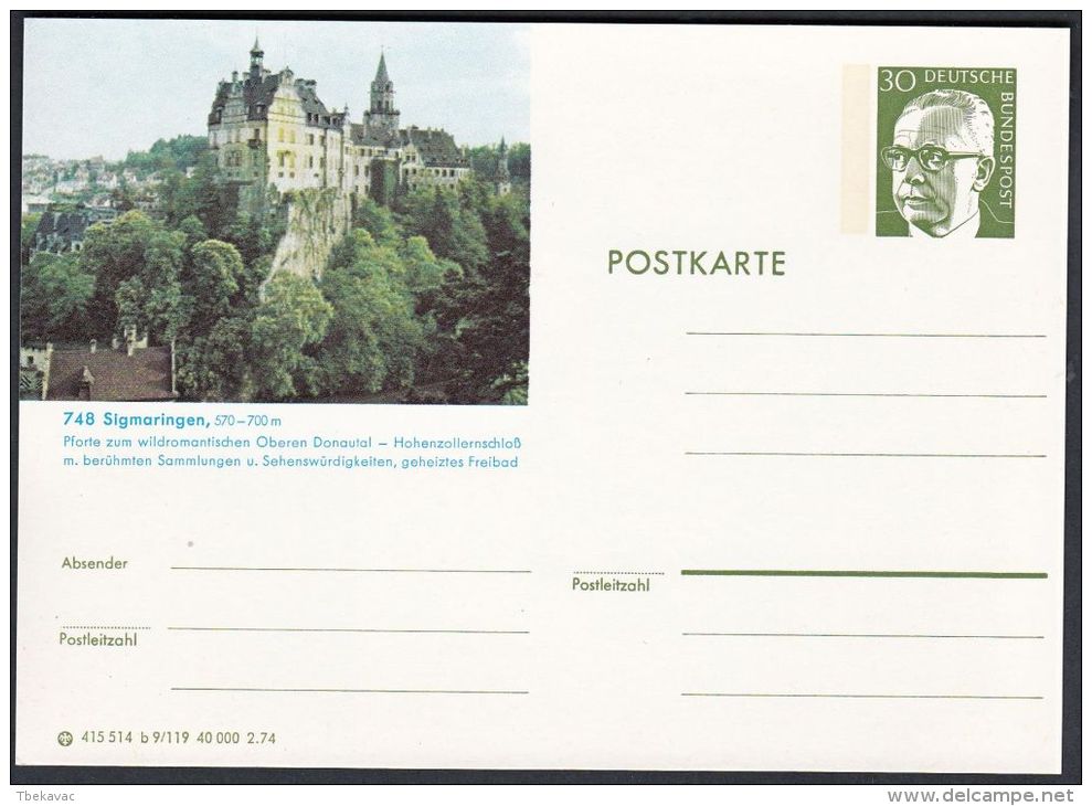 Germany 1974, Illustrated Postal Stationery "Sigmaringen", Ref.bbzg - Geïllustreerde Postkaarten - Ongebruikt
