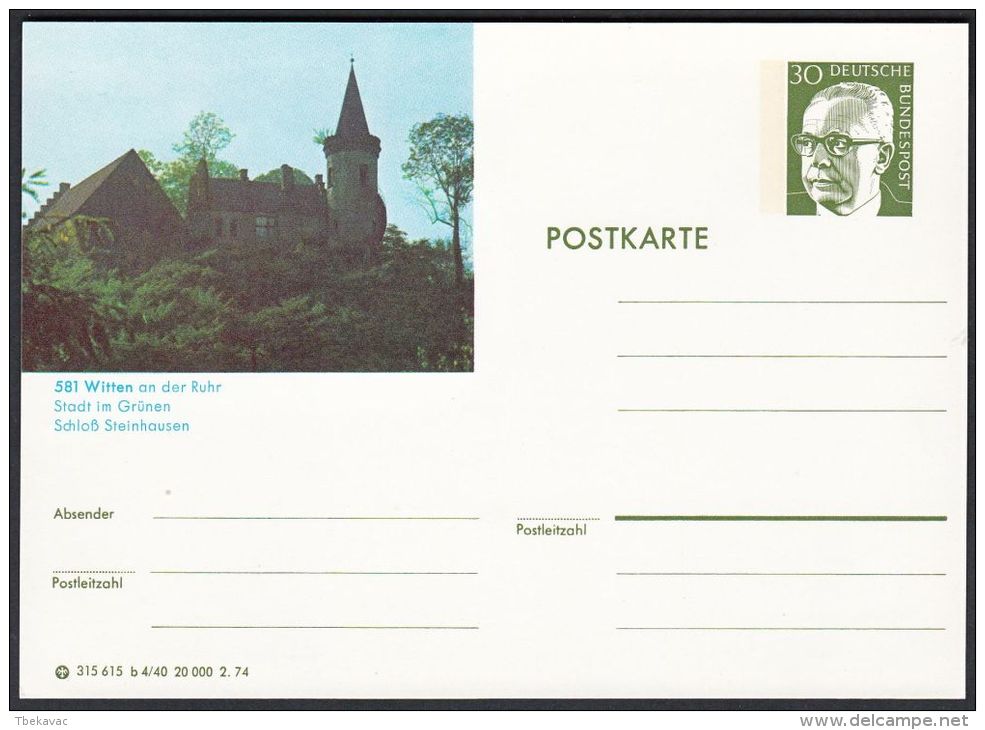 Germany 1974, Illustrated Postal Stationery "Castle In Witten", Ref.bbzg - Geïllustreerde Postkaarten - Ongebruikt