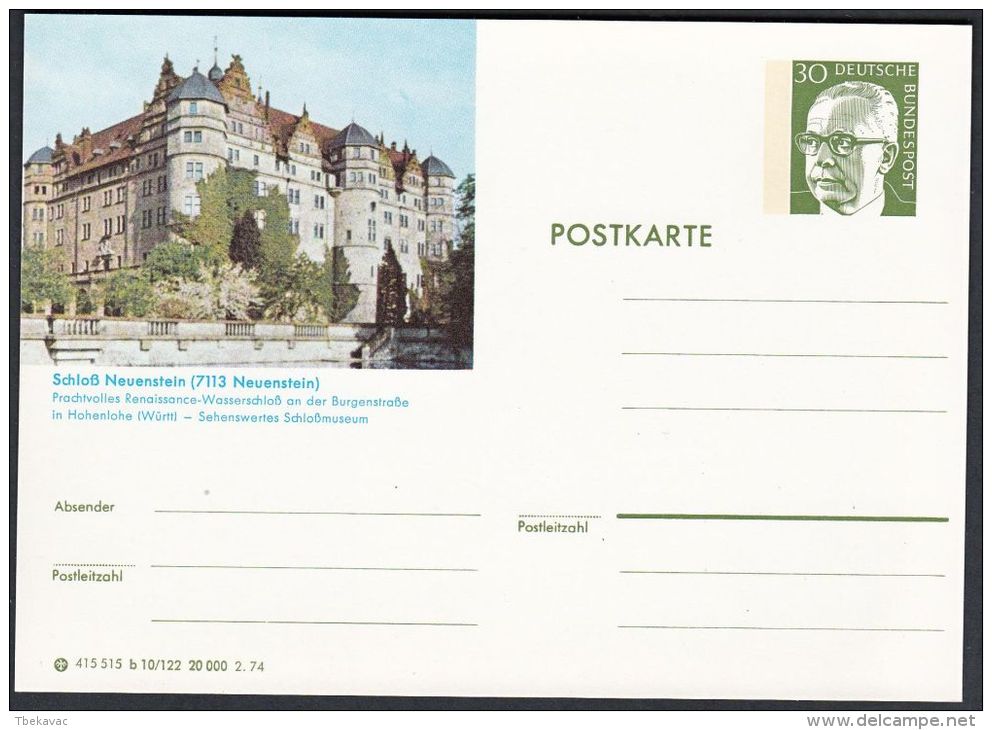 Germany 1974, Illustrated Postal Stationery "Castle Neuenstein", Ref.bbzg - Cartes Postales Illustrées - Neuves