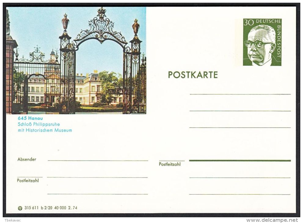 Germany 1974, Illustrated Postal Stationery "Castle Philippsruhe In Hanau", Ref.bbzg - Illustrated Postcards - Mint