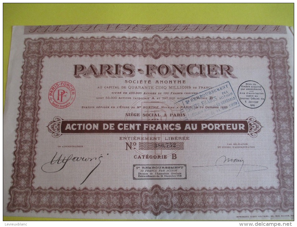 Action De 100 Francs Au Porteur/PARIS-FONCIER// 1928   ACT58 - Bank & Insurance