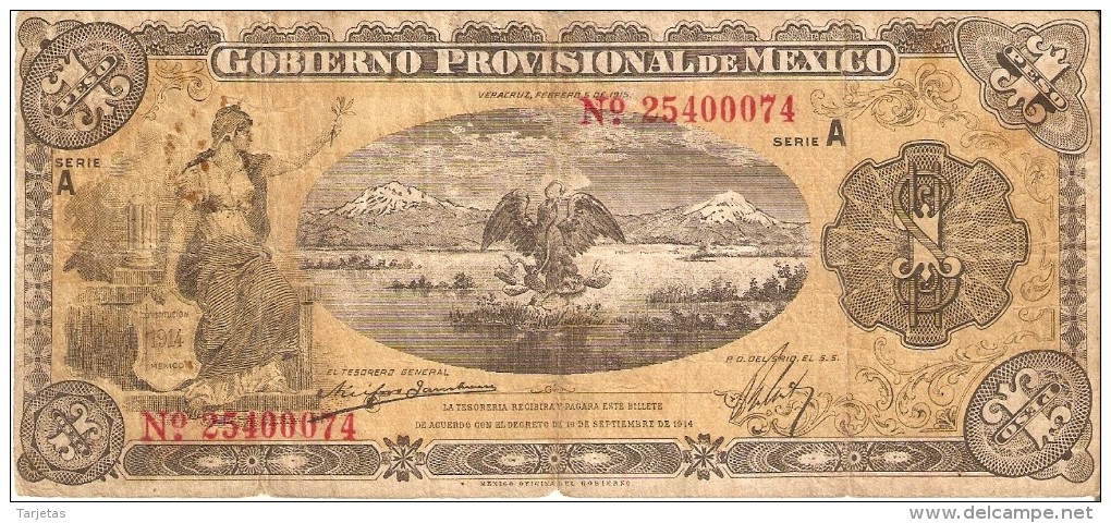 BILLETE DE MEXICO DE 1 PESO DEL AÑO 1914  (BANKNOTE) - México