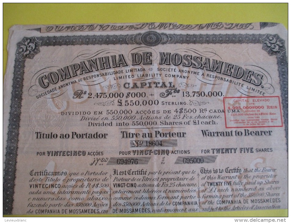 Titre Au Porteur De 25 Actions /Companhia De Mossamedes/ Brésil / 1910     ACT59 - Industry