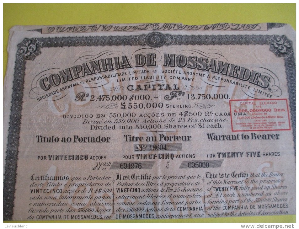Titre Au Porteur De 25 Actions /Companhia De Mossamedes/ Brésil / 1910     ACT59 - Industrie