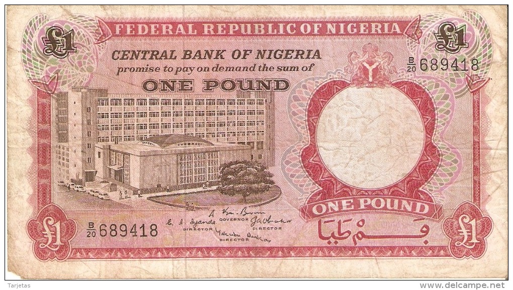 BILLETE DE NIGERIA DE 1 POUND DEL AÑO 1967 (BANKNOTE) - Nigeria