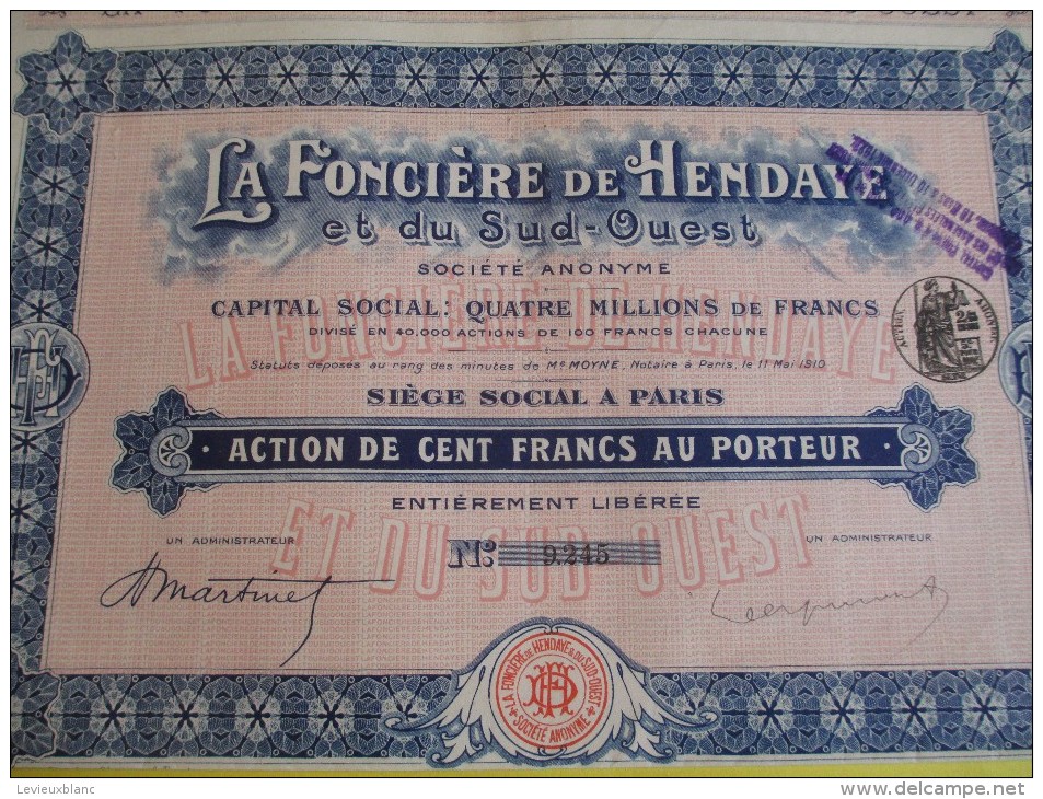 Action De 100 Francs Au Porteur/ La Fonciére De Hendaye Et Du Sud-Ouest/  / 1910     ACT60 - Industrie