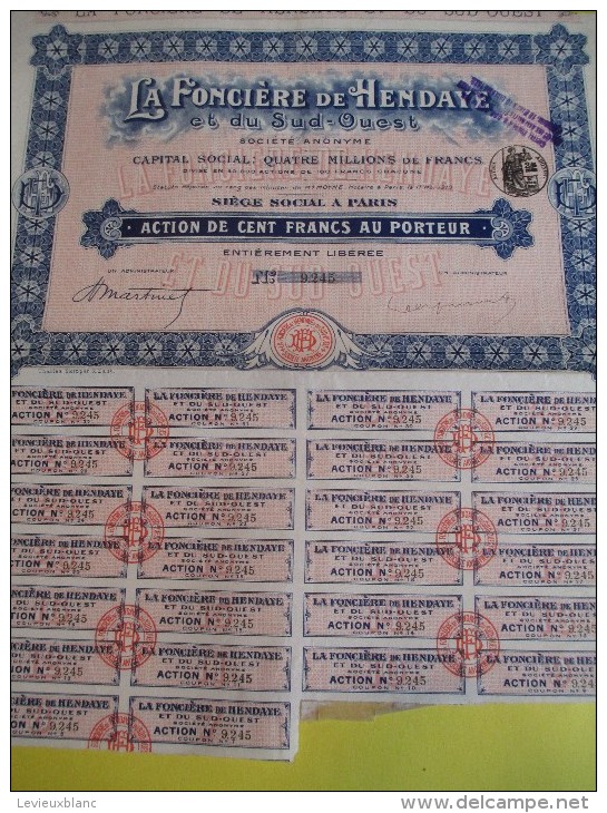 Action De 100 Francs Au Porteur/ La Fonciére De Hendaye Et Du Sud-Ouest/  / 1910     ACT60 - Industry