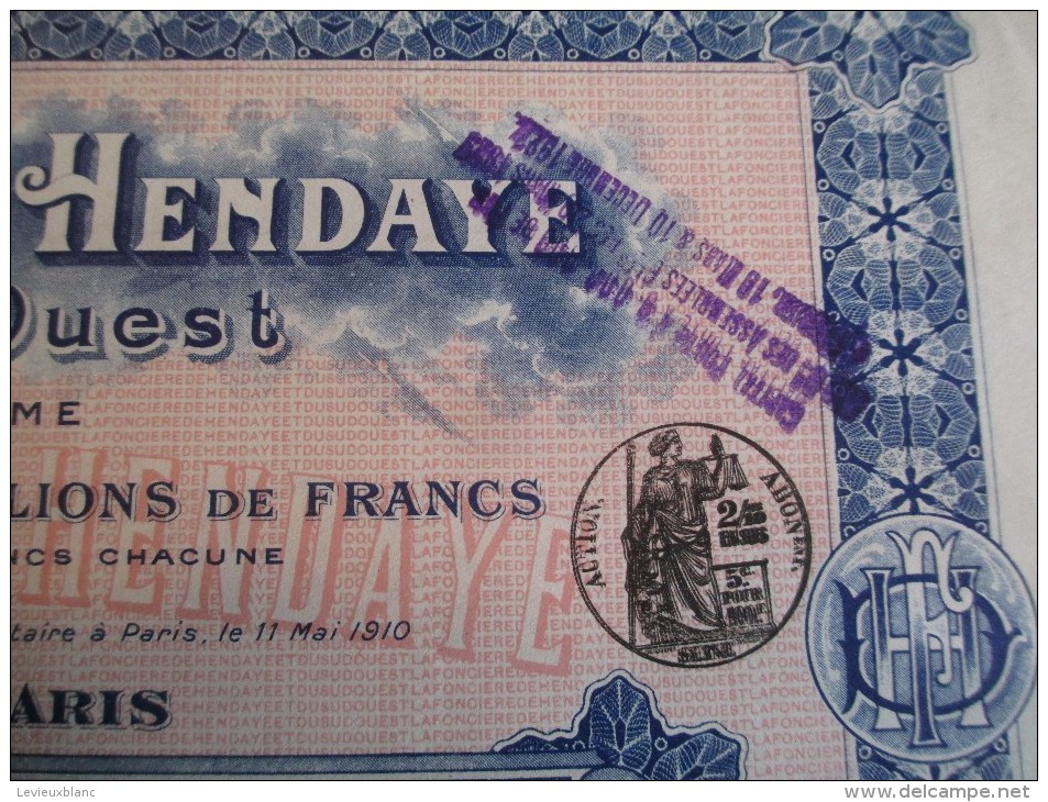 Action De 100 Francs Au Porteur/ La Fonciére De Hendaye Et Du Sud-Ouest/  / 1910     ACT60 - Industry