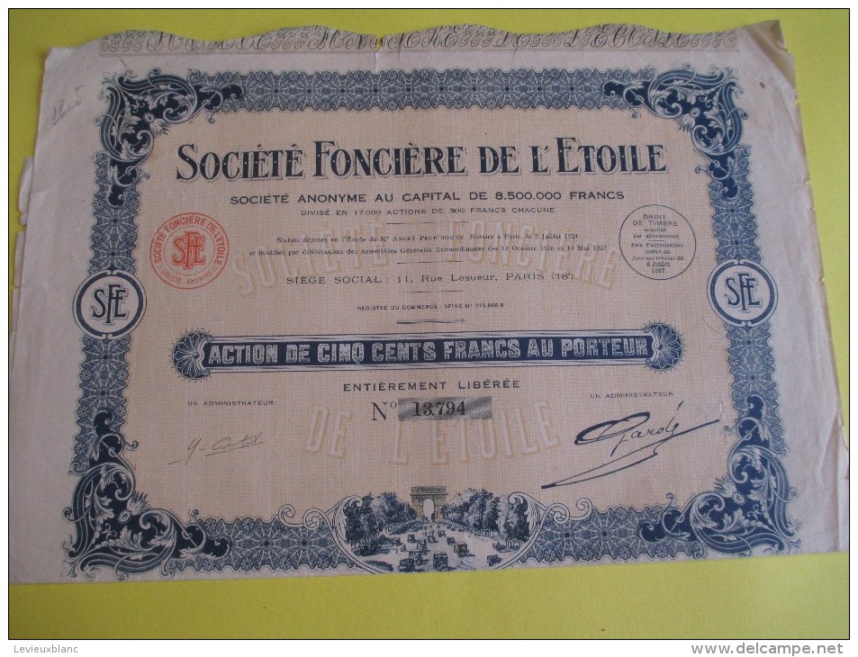 Action De 500 Francs Au Porteur/ Société Fonciére De L'Etoile/  / 1927   ACT62 - Industrie