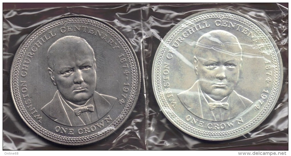 ISLE OF MAN LOT 2x 1 CROWN 1974 W.CHURCHILL ARGENT SILVER + NICKEL KM# 30+30a - Île De  Man