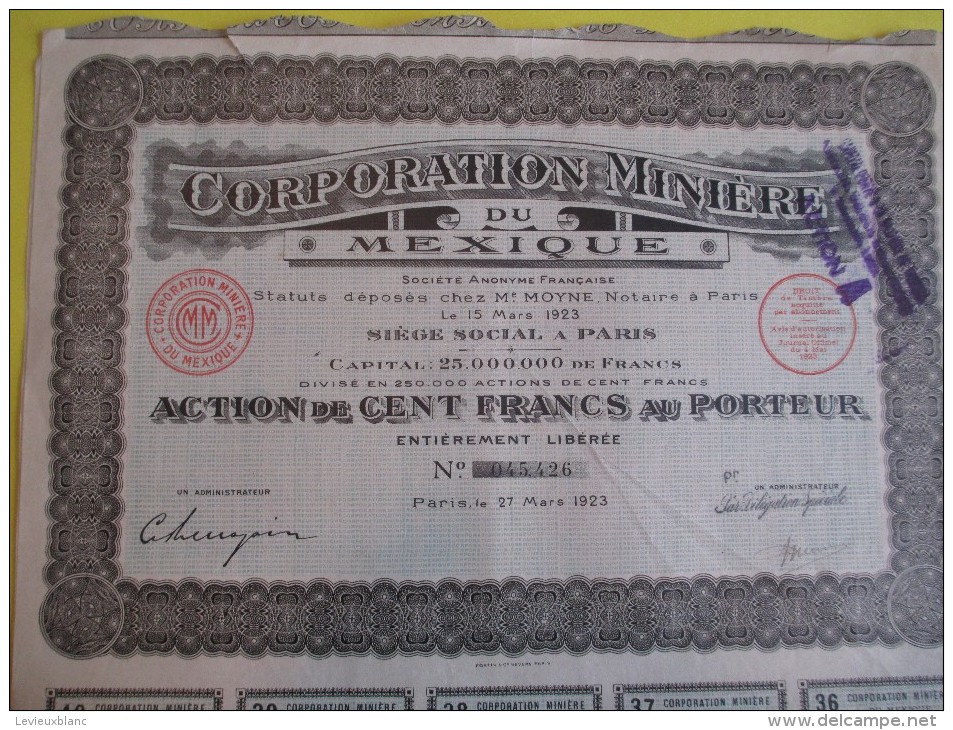 Action De 100 Francs Au Porteur/ Corporation Miniére Du Mexique/  / 1923   ACT64 - Mines