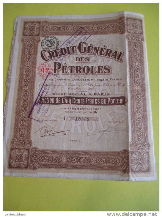 Action De  500 Francs Au Porteur/ Crédit Général Des Pétroles   / 1920   ACT66 - Petróleo