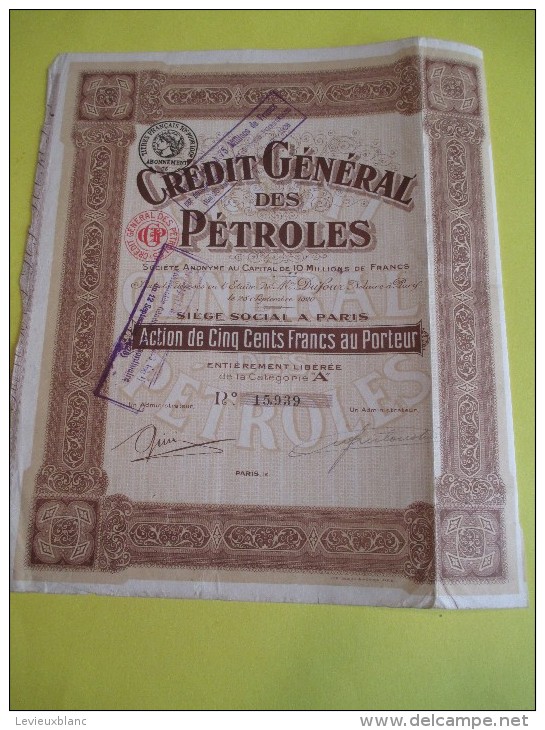 Action De  500 Francs Au Porteur/ Crédit Général Des Pétroles   / 1920   ACT66 - Aardolie