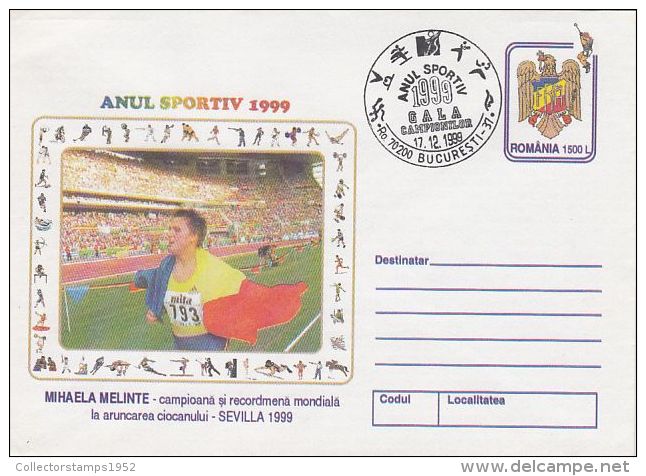 573- ATHLETICS, MIHAELA MELINTE, HAMMER THROW CHAMPION, COVER STATIONERY, ENTIER POSTAL, 1999, ROMANIA - Atletica