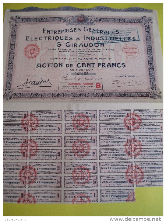 Action  De 100 Francs  Au Porteur/ Entreprises Générales Electriques & Industrielles   / 1928   ACT68 - Electricité & Gaz