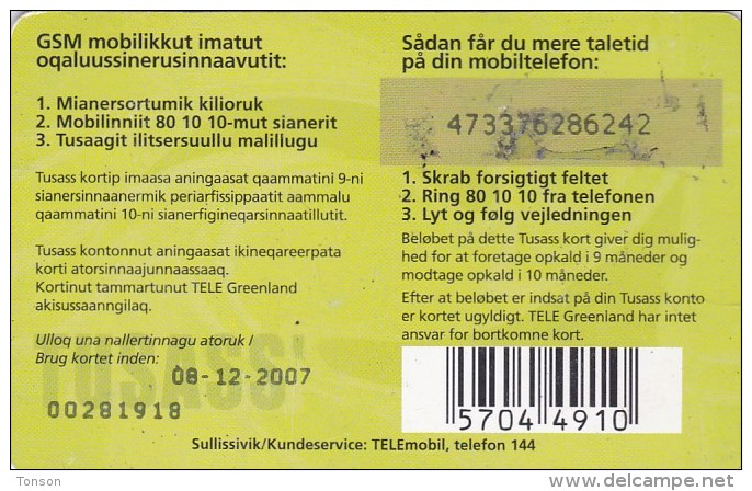 Greenland, GL-TUS-0007_0712, 100 Kr, One Girl With Mobile Phone, 2 Scans   Expiry 08-12-2007. - Groenlandia