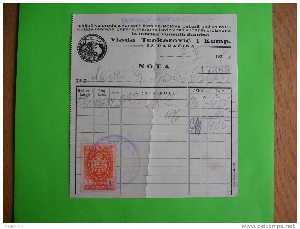 R!,history Document,advertising Receipt,wool Industry,Vlada Teokarovic Company,Paracin Serbia,textile Factory, Tax Stamp - Other & Unclassified