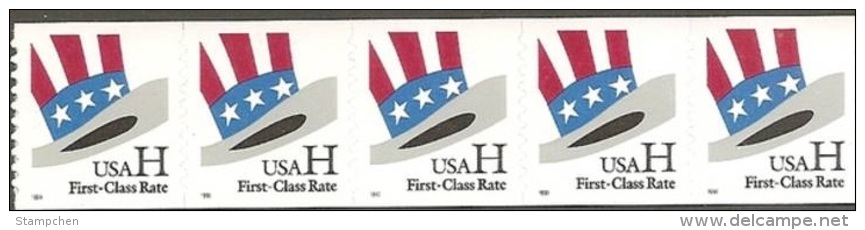 Strip Of 5 1998 USA Uncle Sam's Hat Coil Stamp Sc#3265 Self-adhesive Flag Costume H(33c) - Fehldrucke