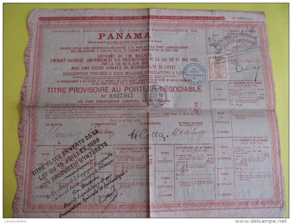 Titre Provisoire Au Porteur Négociable/Obligation Libérée De 60 Francs/Canal PANAMA /1888   ACT79 - Cinéma & Théatre