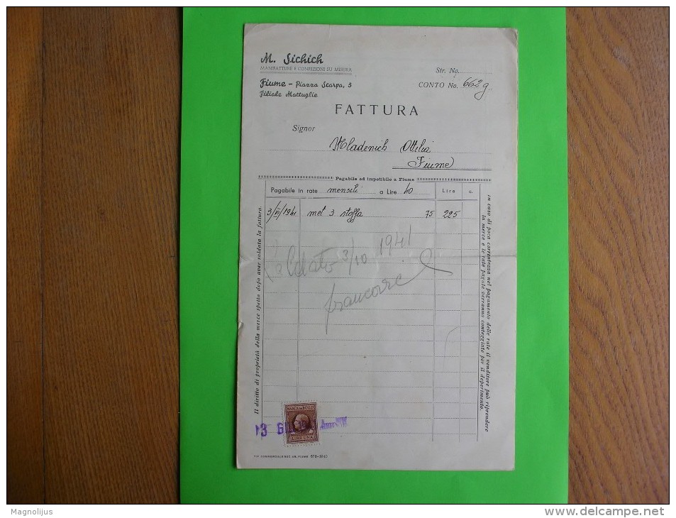 R!,history Document,fattura,bill,invoice,M. Sichich Confezioni,textile Company,Fiume,Rijeka,Croatia,tax Stamps,rare - Italia