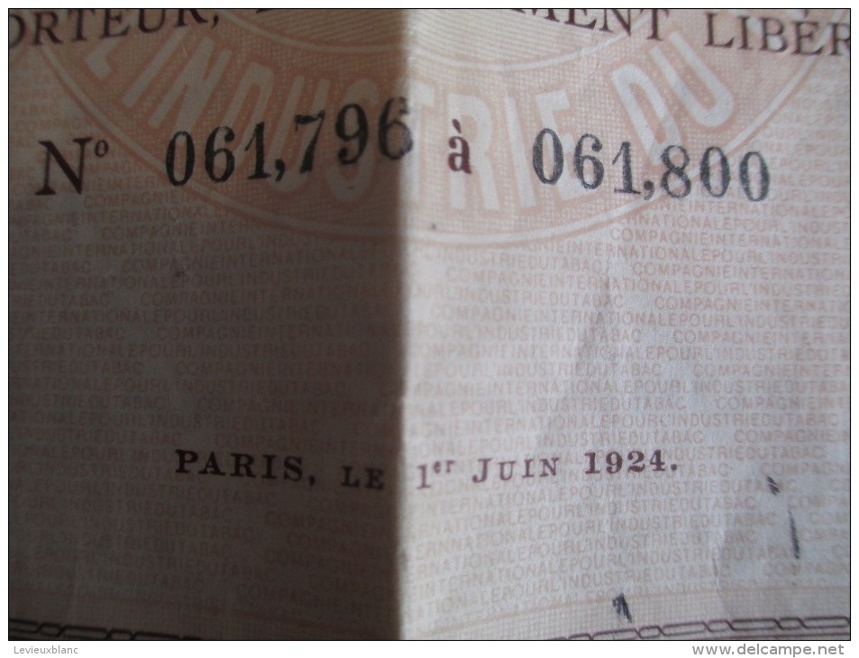 Titre De 5 Actions  De 250 Francs  Au Porteur / Compagnie Internationale  Pour L'industrie Du Tabac / 1924  ACT82 - Industrie