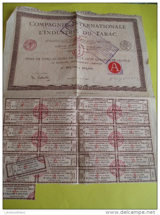 Titre De 5 Actions  De 250 Francs  Au Porteur / Compagnie Internationale  Pour L'industrie Du Tabac / 1924  ACT82 - Industry