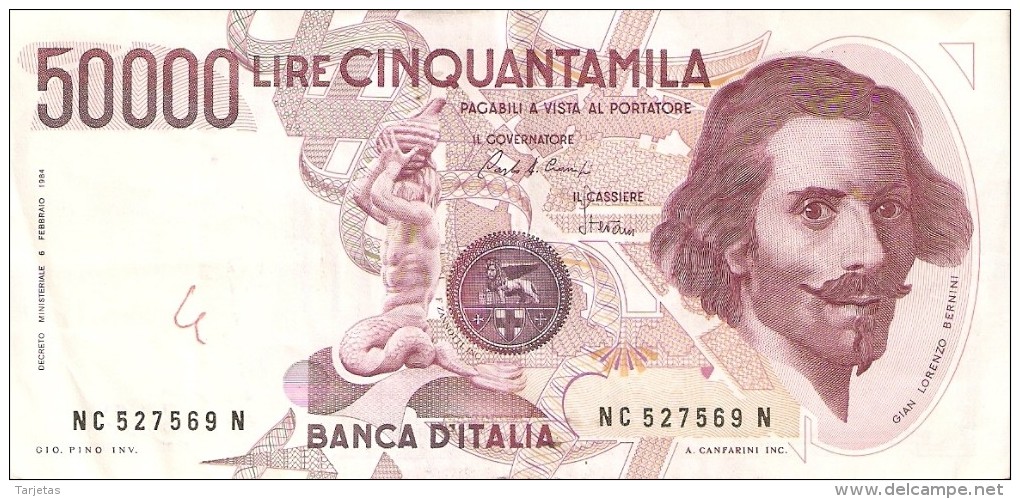 BILLETE DE ITALIA DE 50000 LIRAS DEL AÑO 1984 DE LORENZO BERNINI (BANKNOTE) DIFERENTES FIRMAS - 50000 Liras