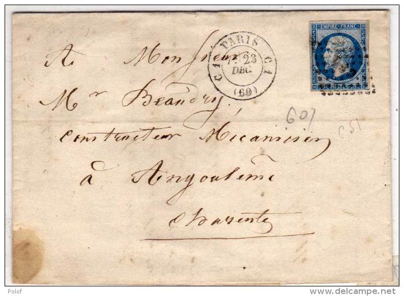 PARIS (C 1 ) - Lettre (LAC)  Avec  Yvert 14 B Adressée A ANGOULEME  (71384) - 1849-1876: Période Classique