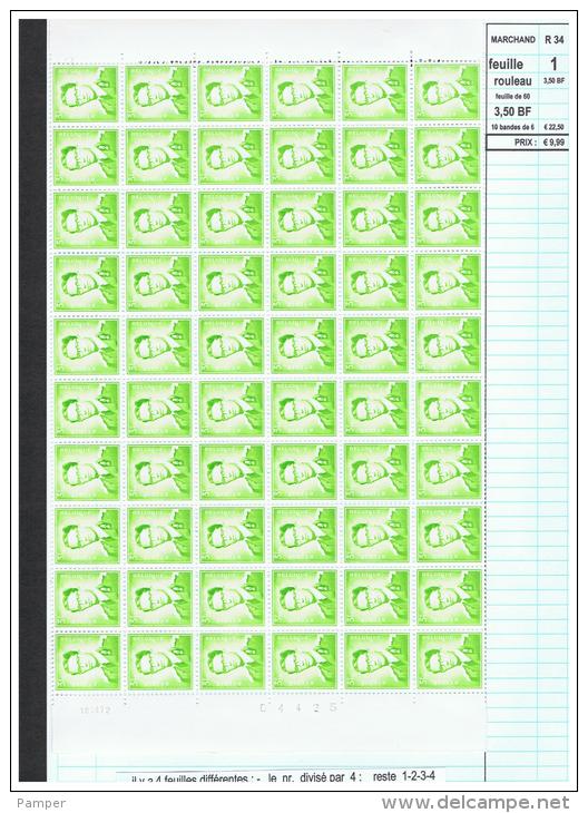 R 34  - Xx -  Timbres  ROULEAUX  De  3.50 BF  -   18-7-72  -  Feuille  De  60  T  - Cote  :  22.50 &euro;  -  Prix  :  9 - Rouleaux