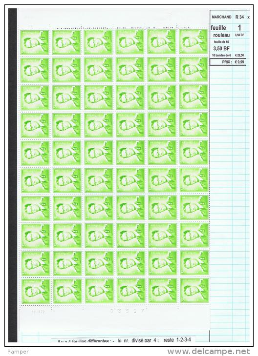 R 34  - Xx -  Timbres  ROULEAUX  De  3.50 BF  -   18-7-72  -  Feuille  De  60  T  - Cote  :  2.50 &euro;  -  Prix  :  9. - Rouleaux