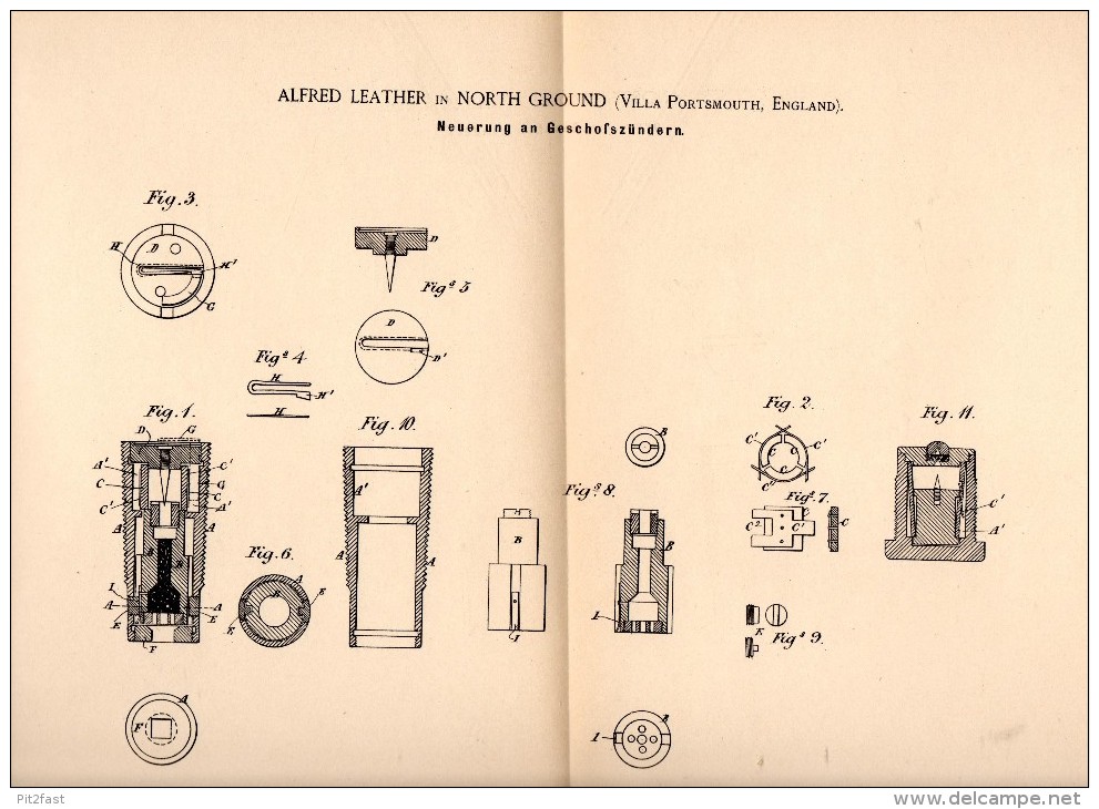 Original Patent - Alfred Leather In North Ground , Villa Portsmouth , 1888 , Fuze For Projectiles , Ammunition !!! - Documents