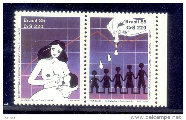 1985 BRASIL  SET OF 2 STAMPS BREAST FEEDING POLIO VACCINATION IMMUNIZATION  MINT NEVER HINGED DISABLE PERSON  UMM. - Medicine