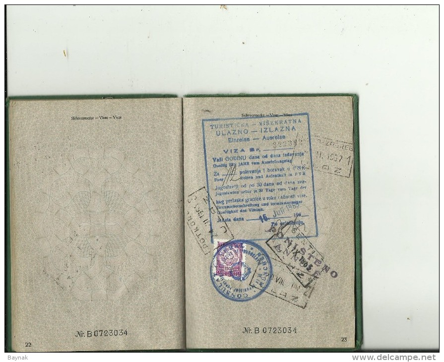 Q31  --  BUNDESREPUBLIK DEUTSCHLAND  ---  PASSPORT, REISEPASS  --  1959  - REVENUE, TAX STAMP  --  20 X VISA  YUGOSLAVIA