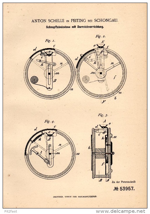 Original Patent -A. Schelle In In Peiting B. Weilheim - Schongau ,1890, Dose Für Schnupftabak , Schnupftabakdose , Tabak - Boites à Tabac Vides