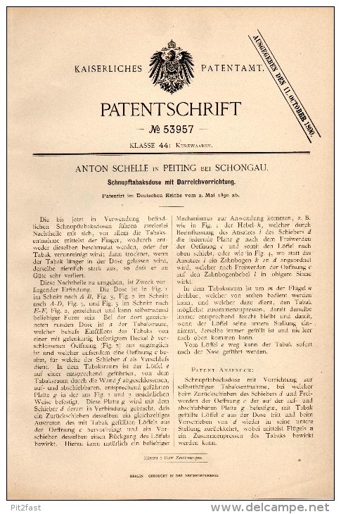 Original Patent -A. Schelle In In Peiting B. Weilheim - Schongau ,1890, Dose Für Schnupftabak , Schnupftabakdose , Tabak - Contenitori Di Tabacco (vuoti)