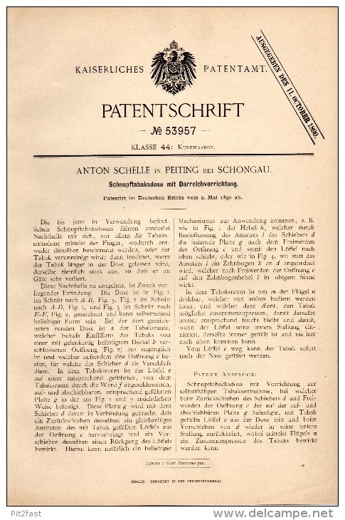 Original Patent -A. Schelle In In Peiting B. Weilheim - Schongau ,1890, Dose Für Schnupftabak , Schnupftabakdose , Tabak - Boites à Tabac Vides