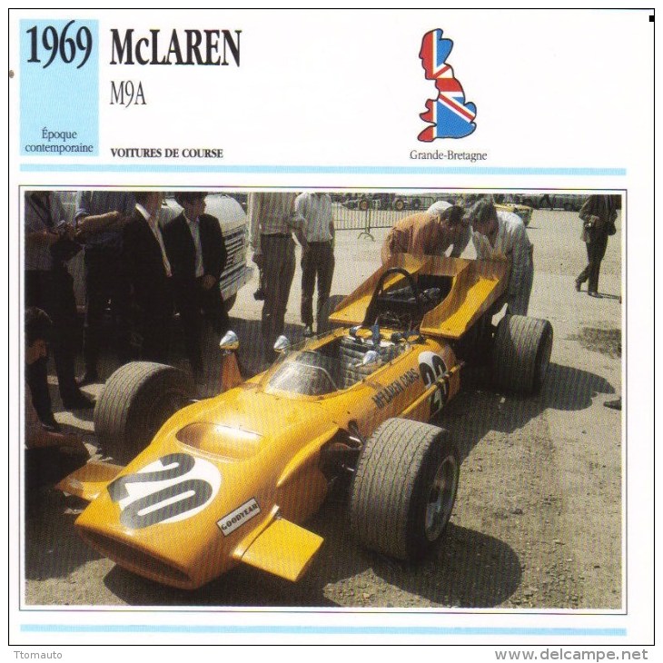 Fiche  -  Formula 1 Grand Prix Cars  -   McLaren M9A   (1969)  -  Pilote Derek Bell  -  Carte De Collection - Grand Prix / F1