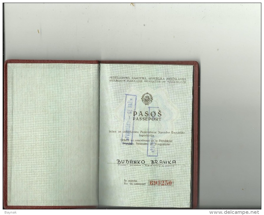 FNR8  -    F. N. R. YUGOSLAVIA  ---  PASSPORT  - LADY PHOTO  - 1964  -  5 X VISA ITALIA, FRANCE  --  REVENUE, TAX STAMP - Historical Documents