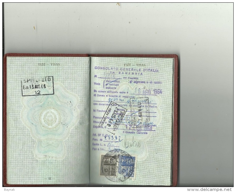 FNR8  -    F. N. R. YUGOSLAVIA  ---  PASSPORT  - LADY PHOTO  - 1964  -  5 x VISA ITALIA, FRANCE  --  REVENUE, TAX STAMP