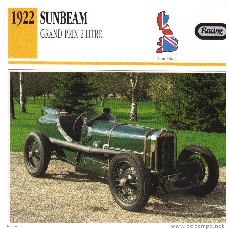 Fiche  -  Formula 1 Grand Prix Cars  -   Sunbeam 2 Litres   (1922)    -  Carte De Collection - Grand Prix / F1