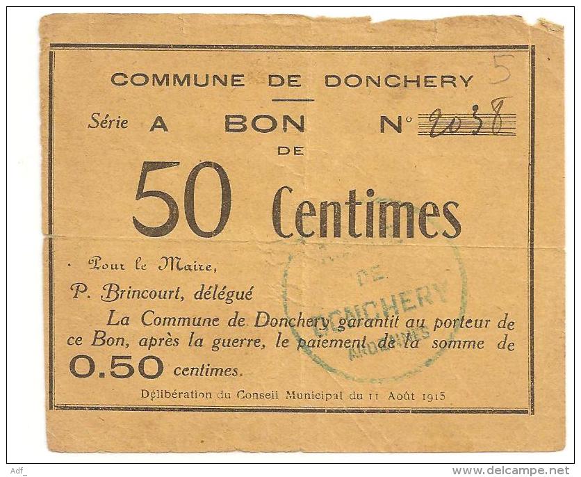 @ RARE BON DE 50 CENTIMES COMMUNE DE DONCHERY 08 ARDENNES REMBOURSABLE APRES LA GUERRE - Bons & Nécessité