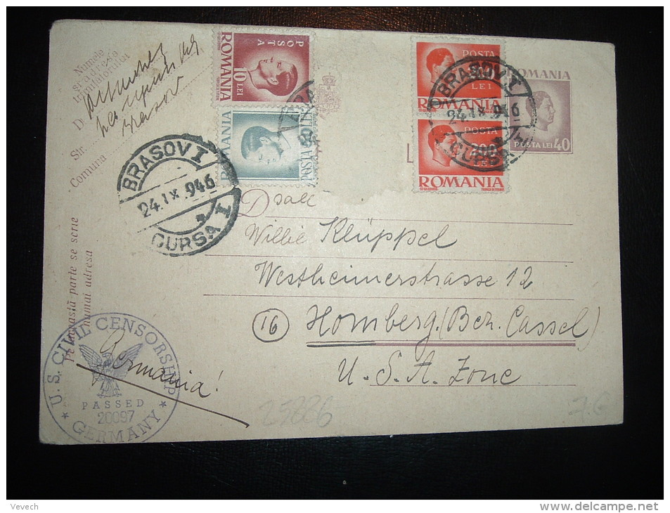 CP ENTIER 40L + TP OBL. 24 IX 946 BRASOVI (2 TP Arrachés Manquants)  POUR LES USA + CENSURE - Postmark Collection