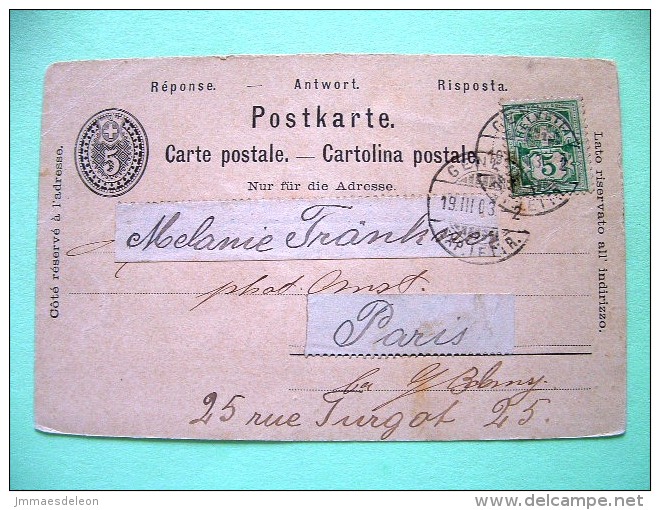 Switzerland 1903 Pre Paid Postcard To Paris - Aditional Numeral Stamp (card Was Glued In An Album) - Storia Postale