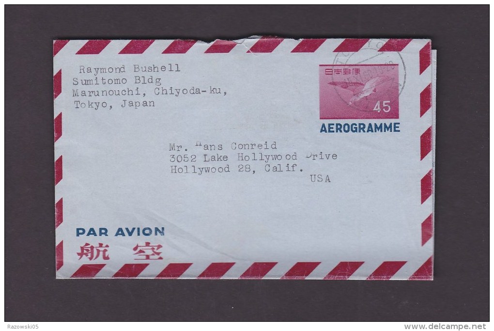 TIMBRE. LETTRE. ....JAPAN.PAPON.AEROGRAMM E.TAKAYAMA.USA.ETATS UNIS.AMERIQUE.HOLLYWOOD.B USHELL.TOKYO.PA.POSTE AERIENNE - Airmail