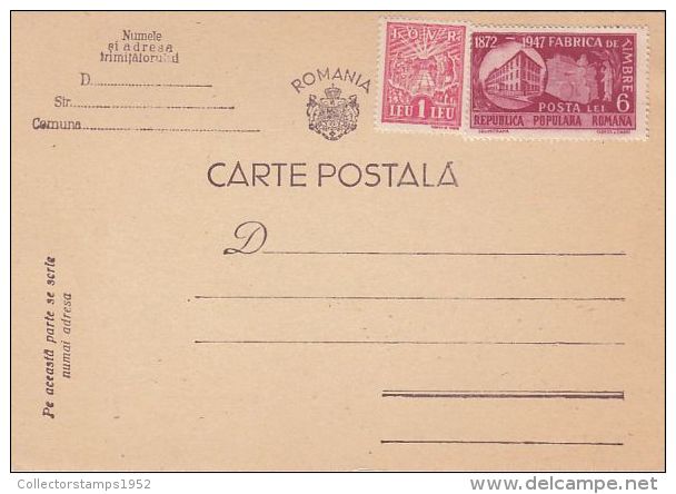 612- REVENUE STAMP, STAMP FACTORY, STAMPS ON POSTCARD, 1948, ROMANIA - Marcophilie