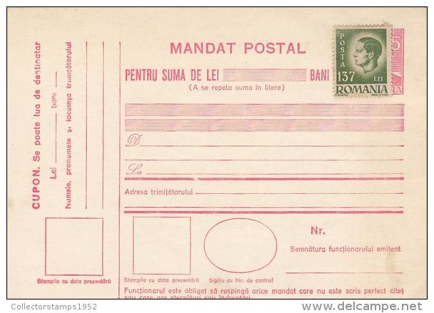 613- KING, 1948, ROMANIA MICHAEL STAMP ON MONEY ORDER STATIONERY, ENTIER POSTAUX, UNUSED, ROMANIA - Servizio