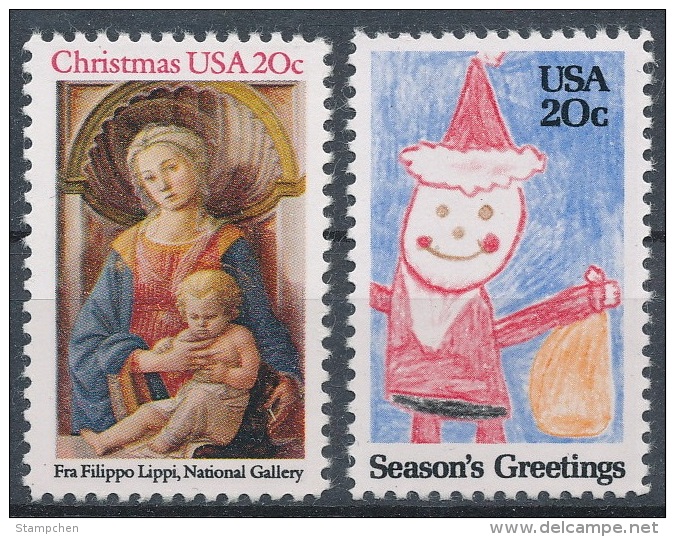 1984 USA Christmas Seasons Greeting Stamps Sc#2107-08 Madonna And Child Santa Claus Kid Drawing - Neufs