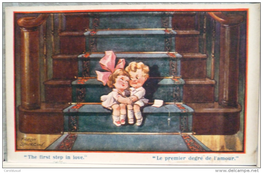 Cp Litho Chromo Illustrateur Fred SPURGIN Serie TINY TOTS  N° 371 Enfant Sur Escalier Premier Degré De L Amour - Spurgin, Fred