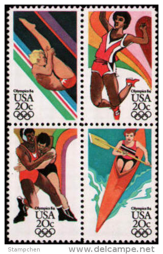 USA 1984 Games Of XXIII Olympiad - Los Angeles Stamps Sc#2082-85 2085a Diving Jump Wrestling Kayak Ship Sport - Duiken